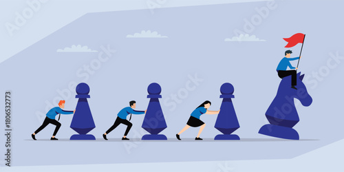 Business Strategy and Leadership, Team Pushing Pawns and Leader on a Chess Knight Moving Forward 2d flat vector illustration