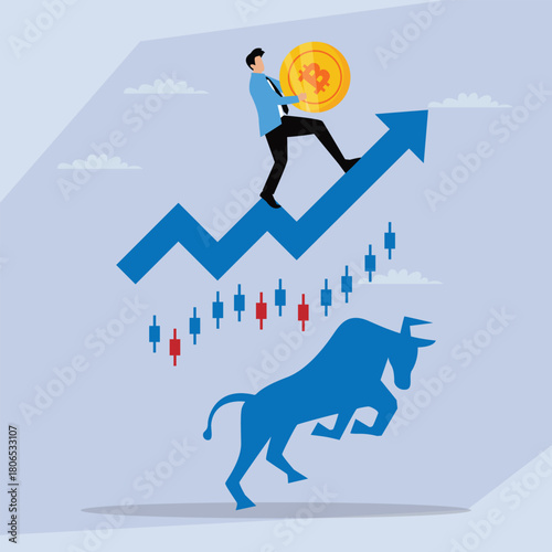 Cryptocurrency Bull Market and Financial Growth, Investor Riding Up Stock Chart with Bitcoin 2d flat vector illustration