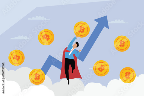 Cryptocurrency Market Growth and Success, Superhero Investor Reaching for Bitcoin on Upward Chart 2d flat vector illustration