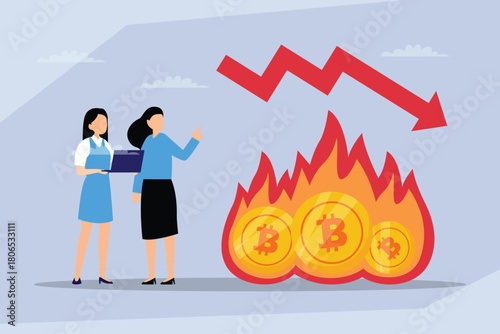 Cryptocurrency Market Crash and Financial Loss, Bitcoin Coins Burning with Downward Arrow 2d flat vector illustration