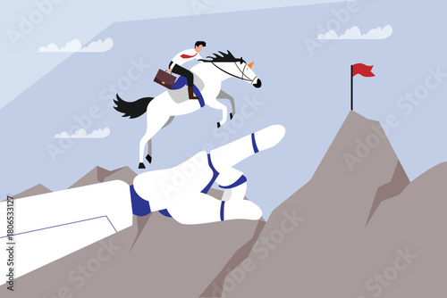 Startup Unicorn Success with AI Guidance, Businessman Riding Unicorn Jumping to Peak 2d flat vector illustration
