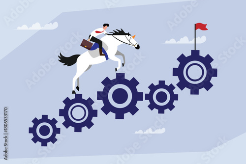 Business Process Optimization and Goal Achievement, Man Riding Unicorn Jumping Up Interlocking Gears 2d flat vector illustration