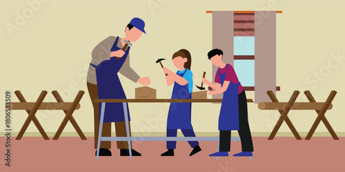 Family Woodworking Workshop, Father Teaching Children Craftsmanship and Skill 2d flat vector illustration