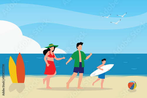 Family Summer Holiday at the Beach, Father, Mother, and Son Running with Surfboard and Beach Ball 2d flat vector illustration