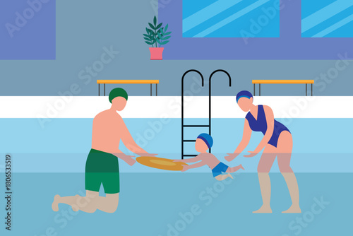 Family Swim Lesson, Parents Teaching Young Child How to Swim in Indoor Pool 2d flat vector illustration