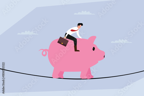 Financial Risk Management, Businessman Riding Piggy Bank on a Tightrope 2d flat vector illustration