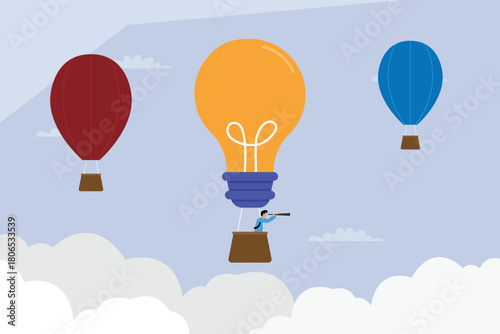 Searching for Innovative Ideas, Businessman in Hot Air Balloon Shaped Like a Lightbulb 2d flat vector illustration