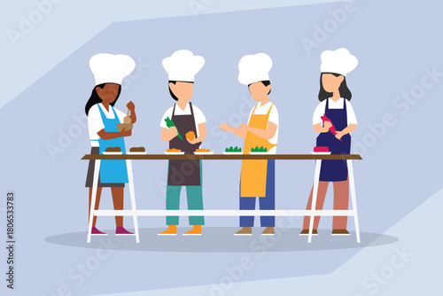 Culinary Teamwork and Cooking Class, Diverse Group of Chefs Preparing Food at Kitchen Counter 2d flat vector illustration