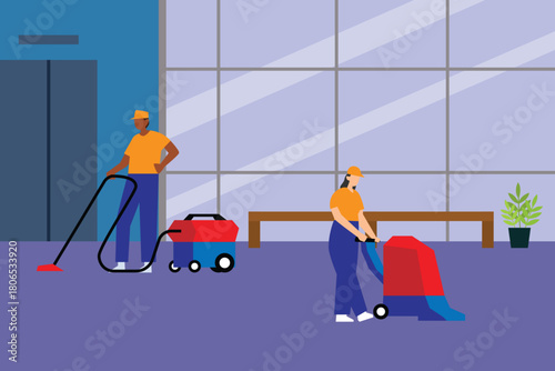 Commercial Cleaning and Janitorial Service, Team Working in Modern Office Building Lobby 2d flat vector illustration