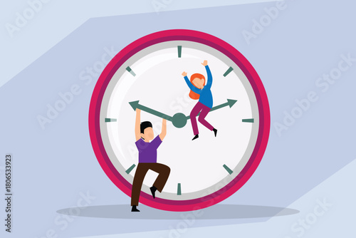 Time Management Challenge, Man and Woman Balancing on Clock Hands 2d flat vector illustration