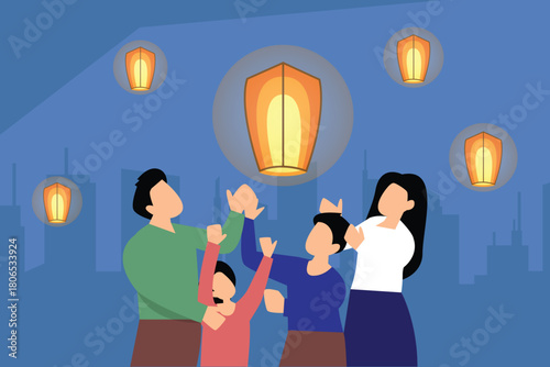 Sky Lantern Festival, Family Releasing Floating Lanterns Over Cityscape at Night 2d flat vector illustration