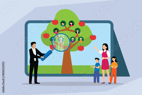 Genealogy and Family Tree Research, Family Using Digital Tablet and Magnifying Glass to Study Ancestry 2d flat vector illustration