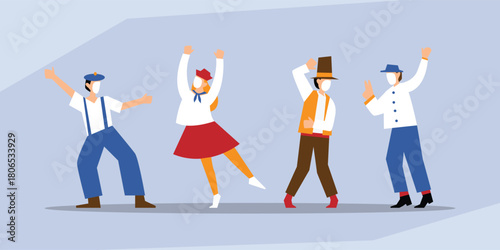 Social Distancing Party and Celebration, Diverse Group Dancing in Retro Style While Wearing Face Masks 2d flat vector illustration