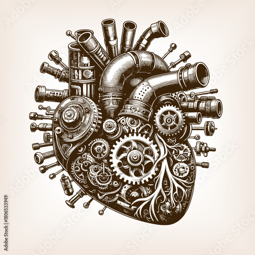 steampunk human heart constructed from gears, pipes, and mechanical components sketch engraving generative ai vector illustration. Scratch board imitation. Black and white image.