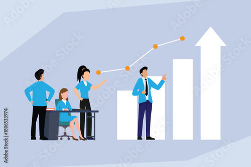 Business Growth Strategy Meeting, Team Analyzing Performance Chart and Future Goals 2d flat vector illustration