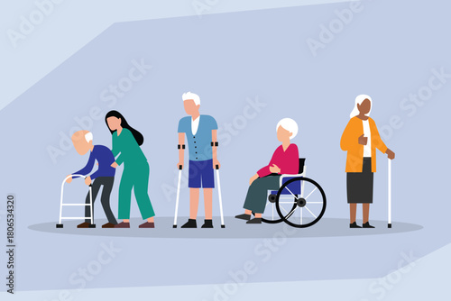 Elderly Care and Mobility Assistance, Diverse Seniors and Caregiver with Wheelchair, Crutches, and Walker 2d flat vector illustration