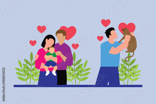 Different Forms of Love, Family with Baby and Single Man with Adopted Cat 2d flat vector illustration