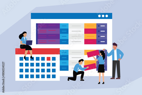 Project Management and Deadline Scheduling, Team Planning Tasks on Digital Kanban Board and Calendar 2d flat vector illustration