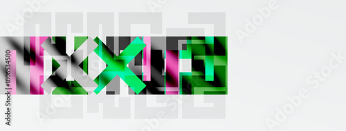 Abstract geometric shapes overlap, creating complex patterns. Colors include green, pink, gray, white. Minimalist design, modern aesthetic.