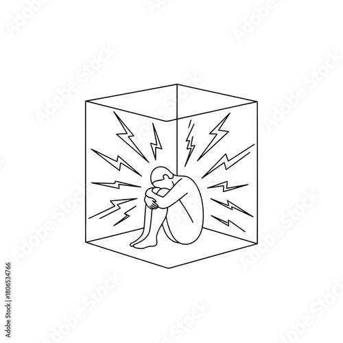 A person sitting in a box with lightning bolts around them, isolated on