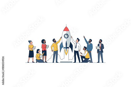 Diverse team of adults collaborating on rocket launch project