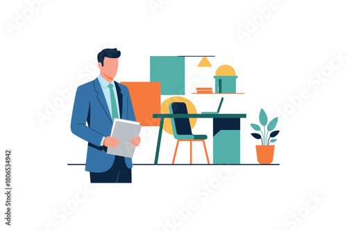 Young caucasian male professional in office setting with laptop and documents