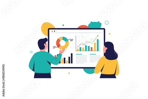 Caucasian adult male and female analyzing data on interactive business chart