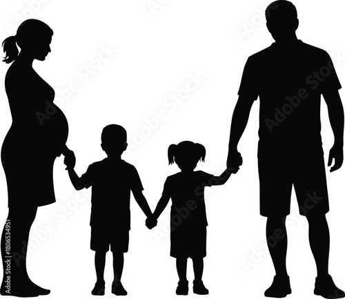 Silhouette of pregnant mother father son and daughter holding hands, family love, unity, parenting, togetherness, bonding, caring, happiness