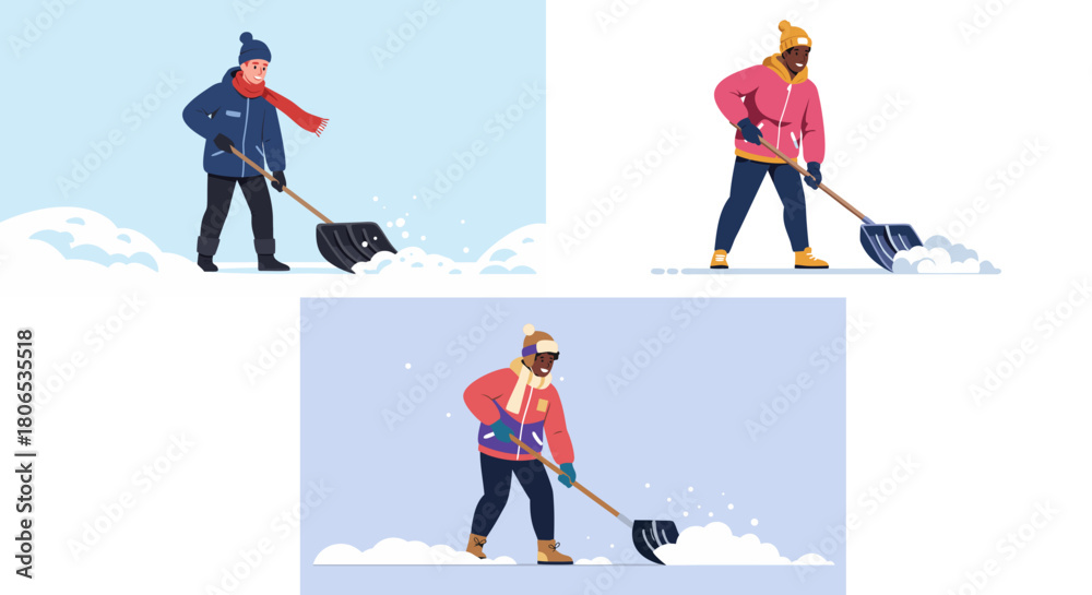 Fototapeta premium Man shoveling snow in winter clothing outdoors in snowy landscape, background, vector, set