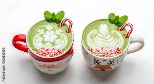 Festive matcha latte drinks with mint and candy cane decorations