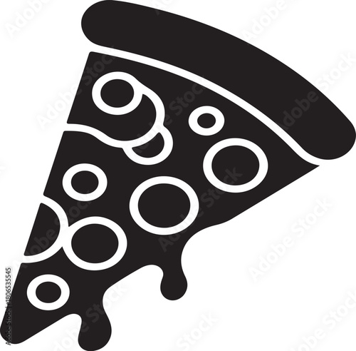 Black and white graphic icon of a pizza slice with melted cheese and circular toppings