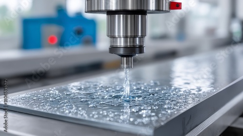 Dynamic water jet machine process in industrial factory scene high-detail system operation environment perspective