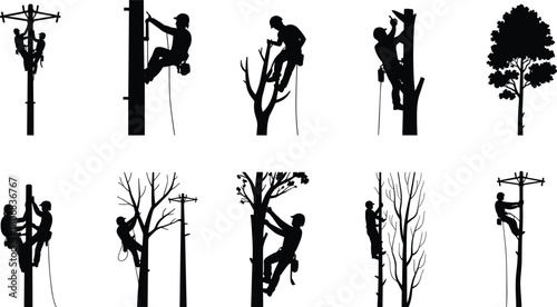 Silhouette set of arborists and linemen climbing trees and power poles using safety ropes and gear