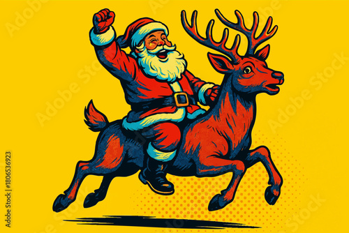 Santa Claus happily riding a reindeer against a yellow background, capturing the fun and magic of Christmas. Generative ai vector colorful pop art illustration.