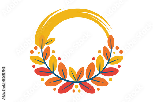 Whimsical autumn wreath with colorful leaves and a sun arc, perfect for seasonal greetings
