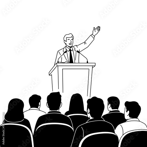 Speaker giving speech to audience isolated on, representing public speaking, communication, and leadership in a conference
