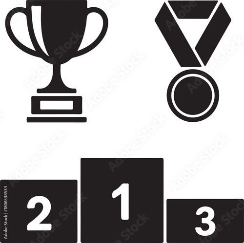 Black trophy medal and podium with numbers one two and three icons on white background