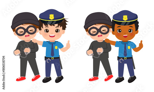 Cute police boy arrest a thief cartoon character