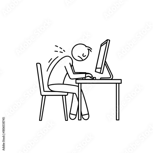 Stick figure hunched over at computer, depicting bad posture isolated on poor ergonomics and health issues concept