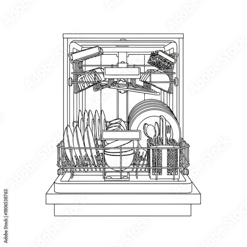 Dishwasher with dirty dishes isolated on, line drawing of kitchen appliance with open door and full rack