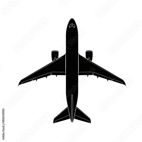 Overhead view of a commercial airplane in silhouette isolated on the plane is flying towards the viewer, with its wings spread out