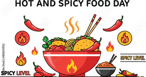 Celebrate Hot and Spicy Food Day with vibrant tacos, noodles, and chili peppers, perfect for foodies and culinary enthusiasts looking for flavorful inspiration