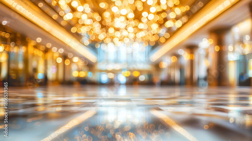 Warm golden bokeh lights illuminate a grand polished hall with reflections on the floor.