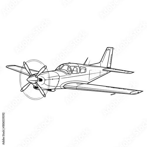 A detailed line drawing of a small single engine airplane isolated on, showcasing its design and features