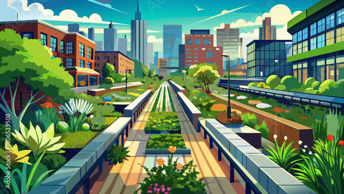 Very beautiful summer view of the High Line Park promenade, showcasing lush greenery, modern landscaping, and elevated walkways above the Chelsea streets in the heart of Manhattan’s vibrant urban sett