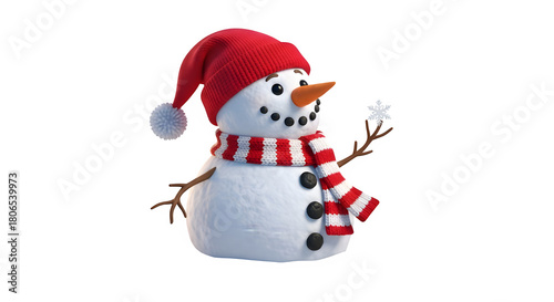 Delightful snowman isolated on transparent background, adorned with a red hat and scarf, holding a delicate snowflake, radiating winter cheer and holiday spirit
