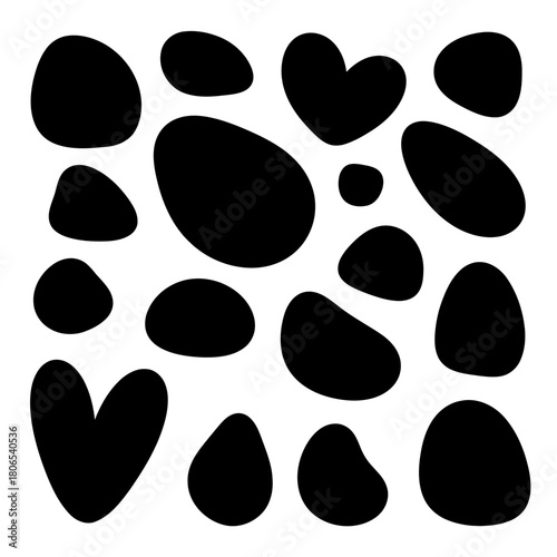 Black spots isolated on abstract shapes, blots, stains, drops, blobs, amoebas vector illustration