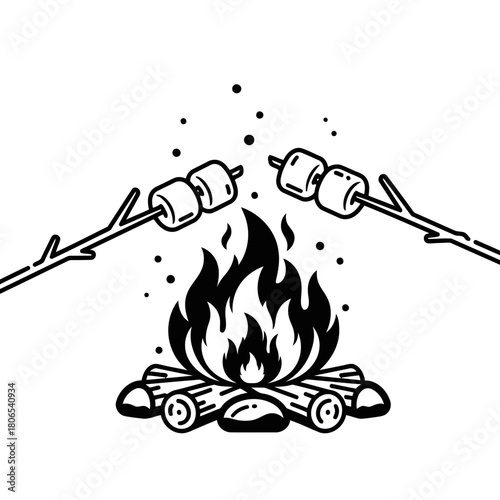 Illustration of roasting marshmallows over a campfire, isolated on