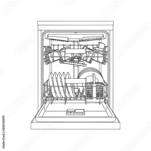 Line drawing of a dishwasher with the door open, revealing dishes and utensils inside isolated on