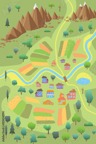 Top view of a colourful landscape map with river, lake, houses, trees, farm field and mountains. Rural areas, geography, travel concepts in a playful, cartoonish style. Aerial. View from above.